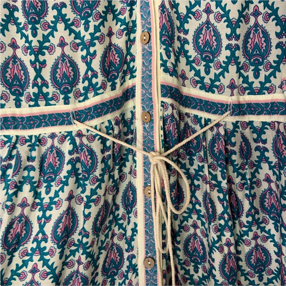 FP To Love Womens V Neck Button Up Midi Dress Medium Blue Pink Drawstring Waist - Picture 4 of 7